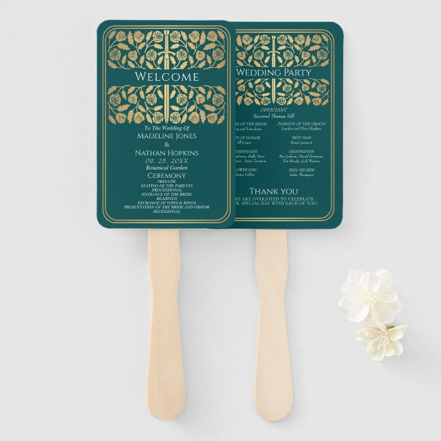 Éventail Épée dorée médiévale sarcelle Programme de mariage (Devant et derrière)