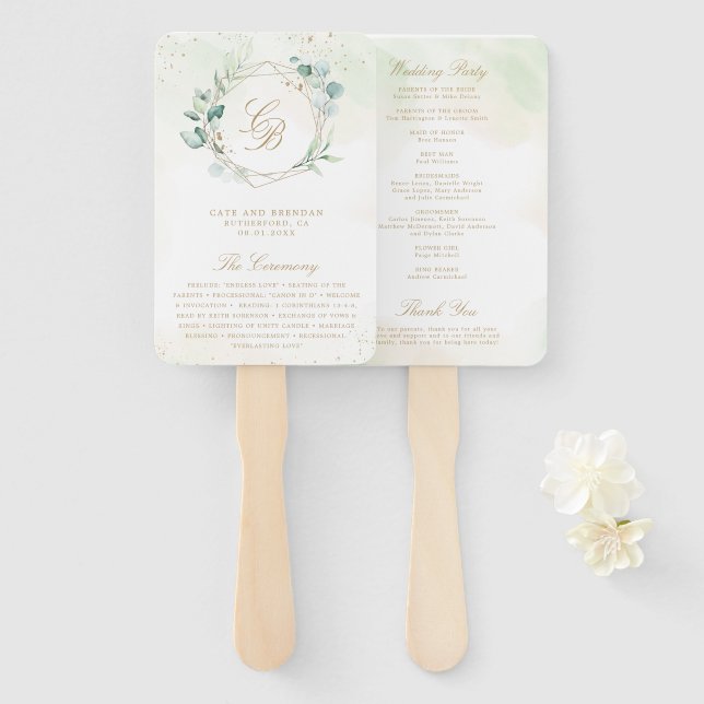 Éventail Eucalyptus Green Gold Programme de mariage géométr (Devant et derrière)
