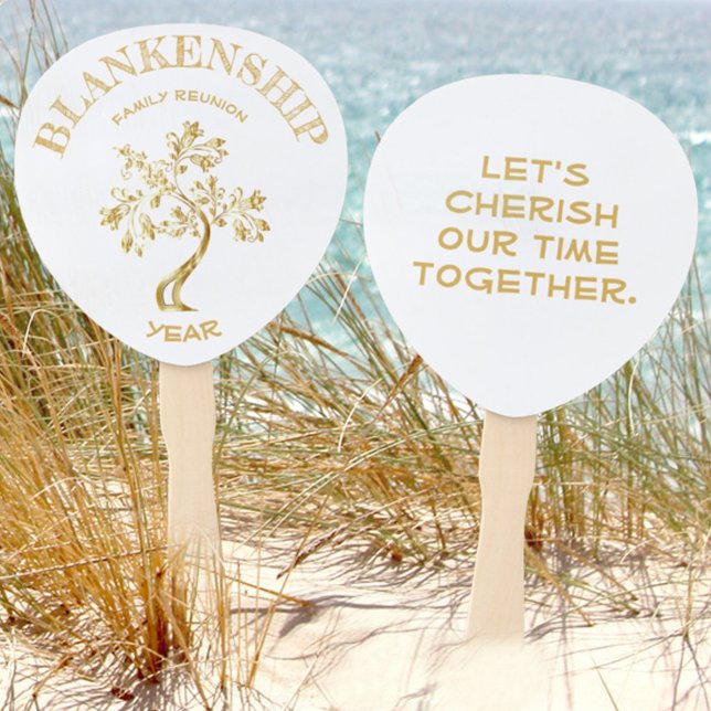 Éventail Famille Personnalisée Réunion Noir Arbre Or Double (Use this family reunion hand fan gold tree design for table decor, a fan or a keepsake. )