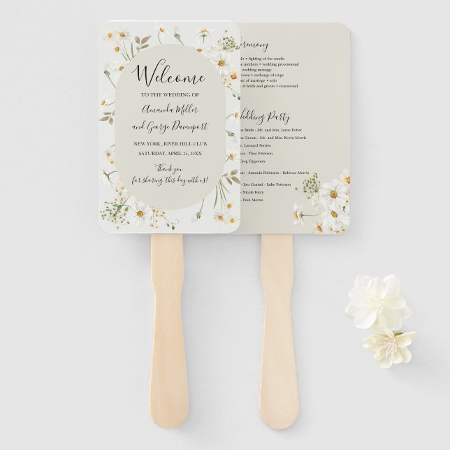 Éventail fan du programme de mariage Fleur sauvage Daisy (Devant et derrière)