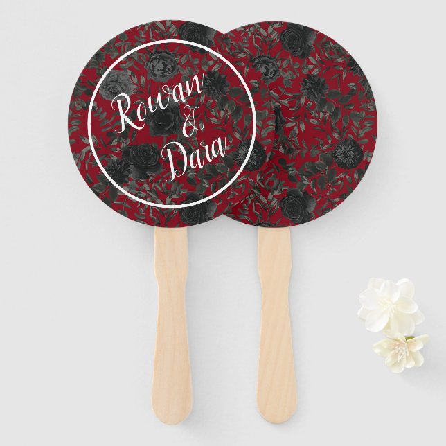 Éventail Fans de Mariage gothique Rose rouge noir élégant (Devant et derrière)