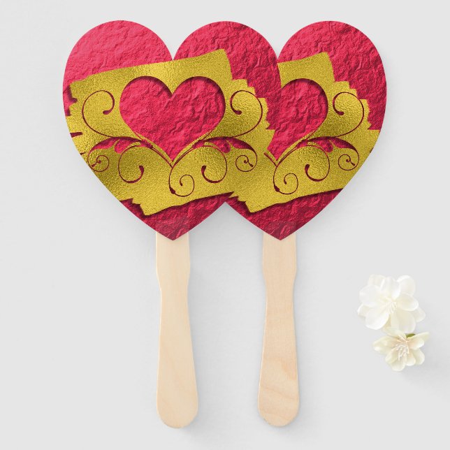 Éventail Faux rouge et or Foil Coeur coupé Valentine (Devant et derrière)