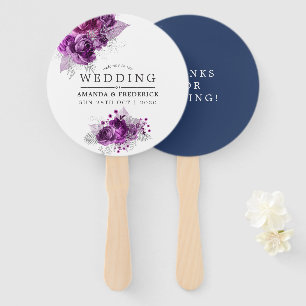 Éventail Favor de mariage floral aquarelle prune et marine