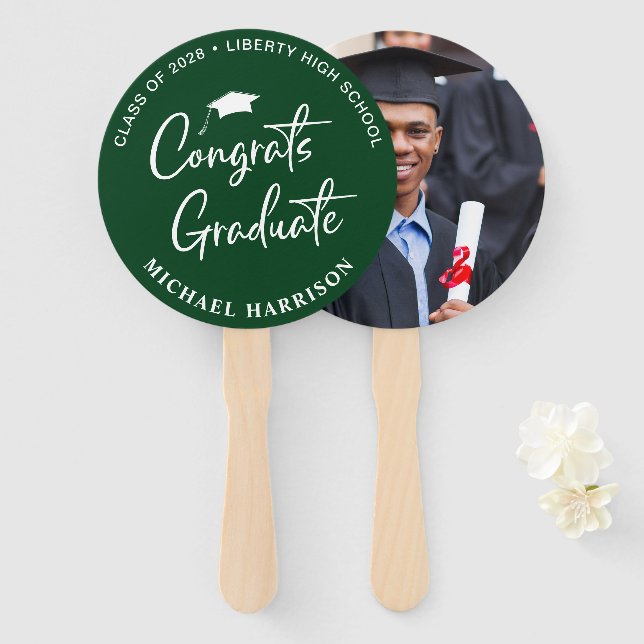 Éventail Félicitations aux diplômés Photo Green (Devant et derrière)