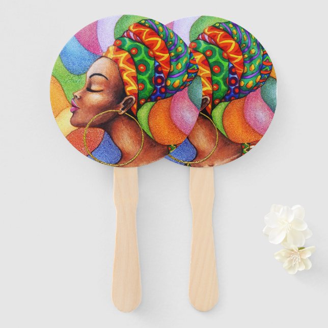 Éventail Femme africaine avec cire tissu traditionnel (Devant et derrière)