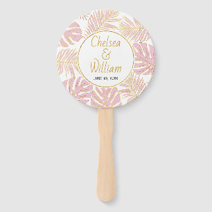 Éventail Feuille tropique rose, mariage or brun