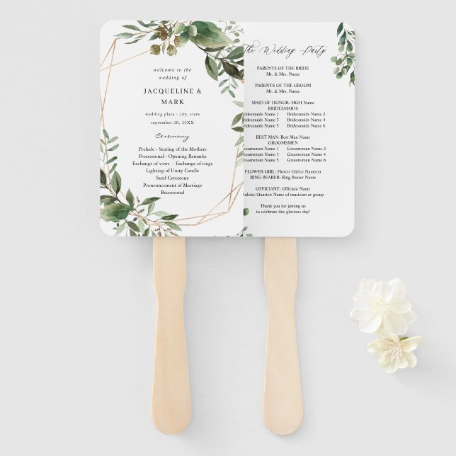 Éventail Feuilles & Eucalyptus Gold Wedding Programme (Devant et derrière)