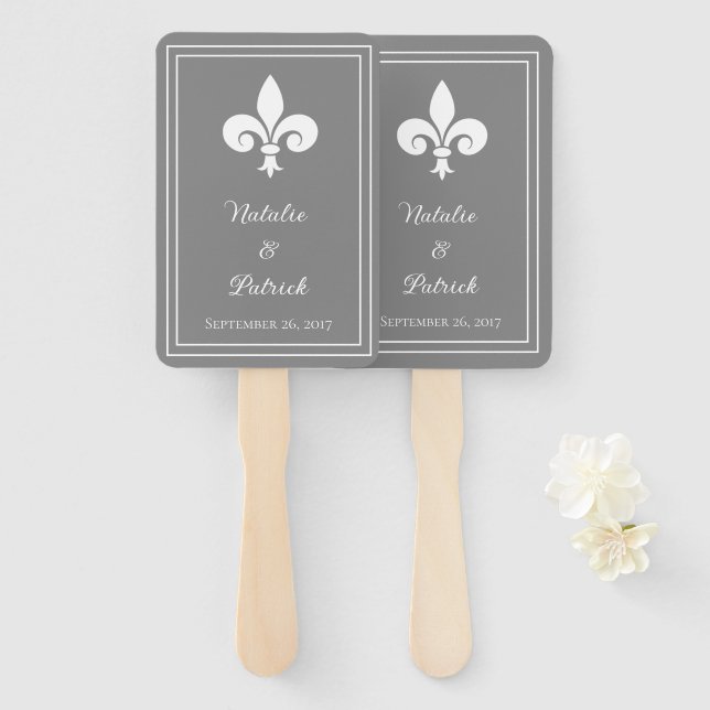 Éventail Fleur de Lis Gris Mariage (Devant et derrière)