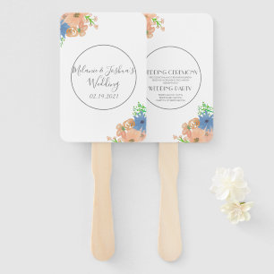 Éventail Fleurs aquarelles mariage rond bleu et pêche