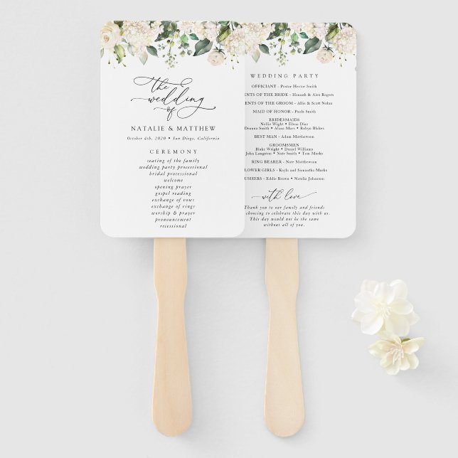 Éventail Fleurs blanches, Fleurs de crème, Programme de mar (Devant et derrière)