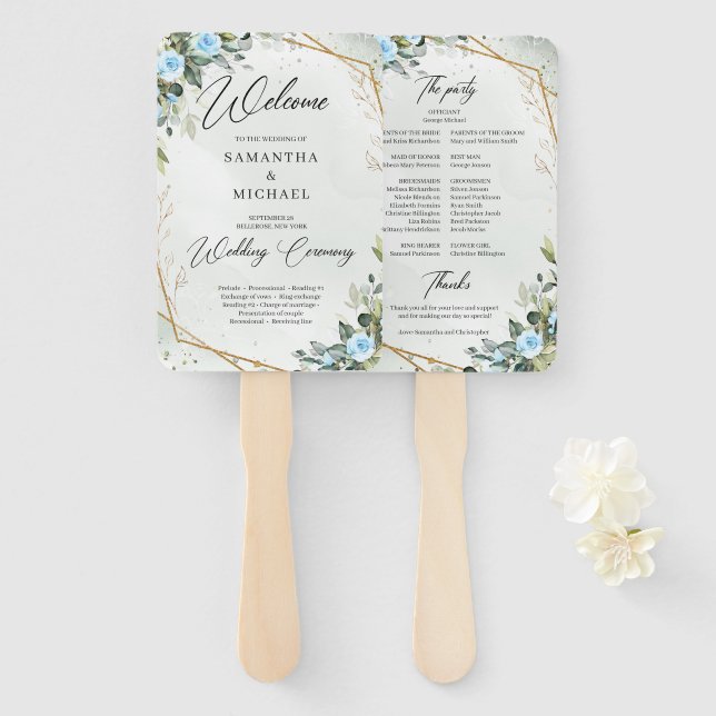 Éventail Fleurs bleues romantiques et mariage d'or eucalypt (Devant et derrière)