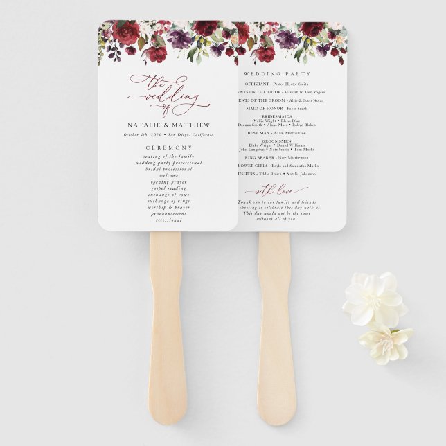 Éventail Fleurs Bourgognes, Fleurs Roses, Programme Mariage (Devant et derrière)