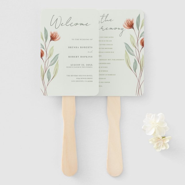 Éventail Fleurs d'aquarelle vert pastel (Devant et derrière)