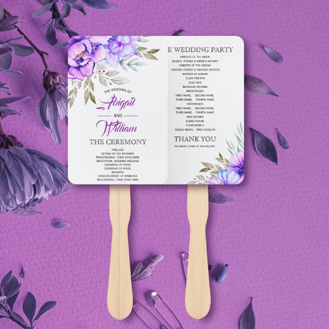 Éventail Fleurs d'aquarelle violette programme de mariage v (Créateur téléchargé)