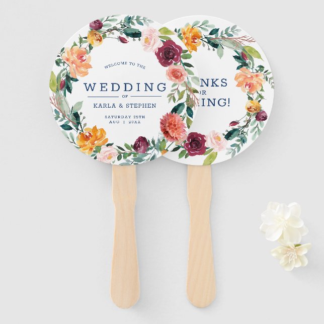 Éventail Fleurs de jardin anglais wreath design mariage (Devant et derrière)