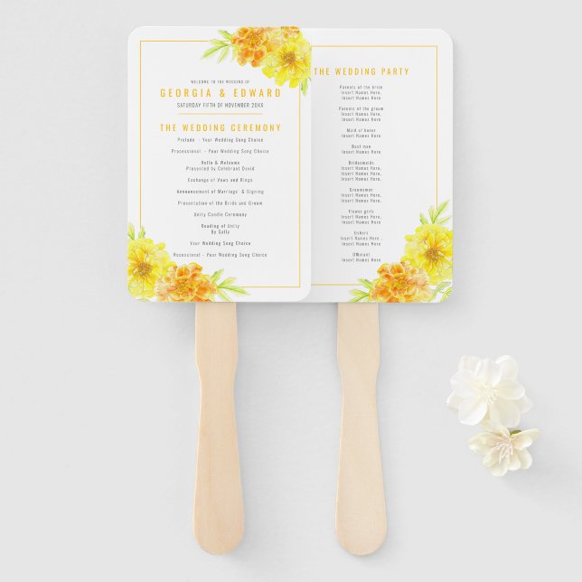 Éventail Fleurs marigées jaunes programme de mariage aquare (Devant et derrière)
