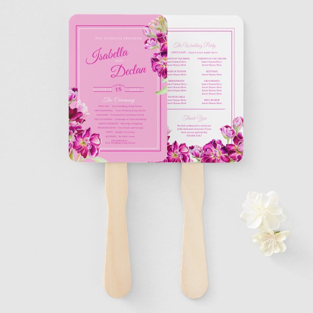 Éventail Fleurs stocks programme de mariage couleur rose (Devant et derrière)