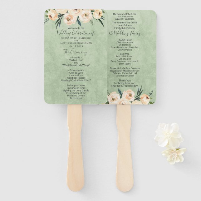 Éventail Floral Beige Blush Sage Green Wedding Programme (Devant et derrière)