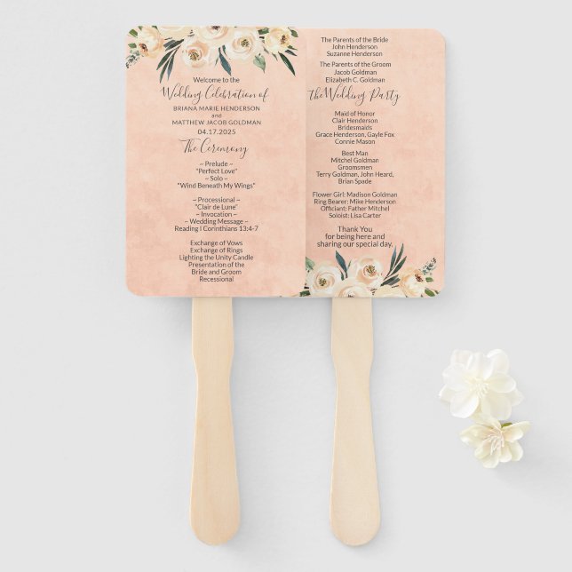 Éventail Floral Beige Blush Wedding Programme (Devant et derrière)