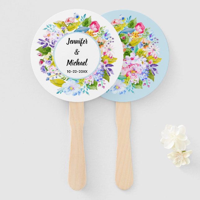 Éventail Floral bleu doux Romantique Mariage Fans invités (Devant et derrière)