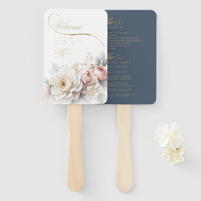 Éventail Floral Drama Mariage Welcome Blue ID1022 (Devant et derrière)