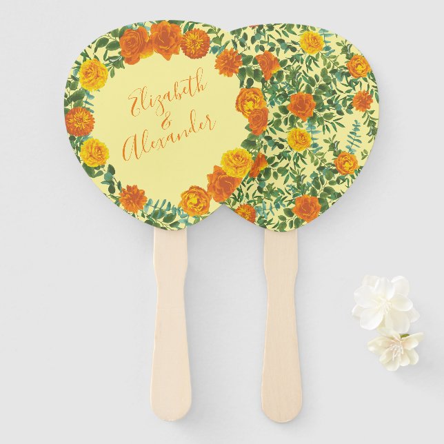 Éventail Floral Mariage orange jaune (Devant et derrière)