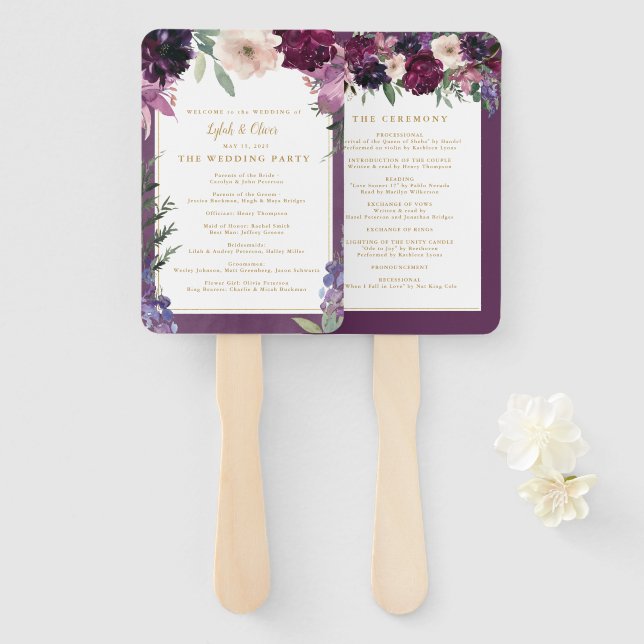 Éventail Floral pourpre | Programme de mariage personnalisé (Devant et derrière)
