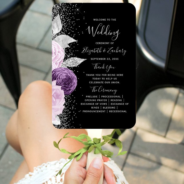 Éventail Floral Purple Silver Black Wedding Programme (Créateur téléchargé)