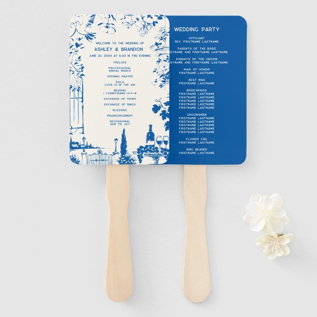 Éventail French Blue European Garden Wedding Program (Devant et derrière)