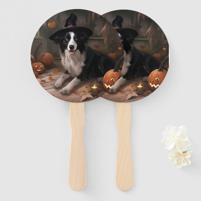 Éventail Frontière Collie Citrouilles Halloween effroi (Devant et derrière)