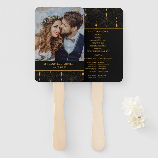 Éventail Glam Art Déco Black Gatsby 1920 Style Mariage (Devant et derrière)