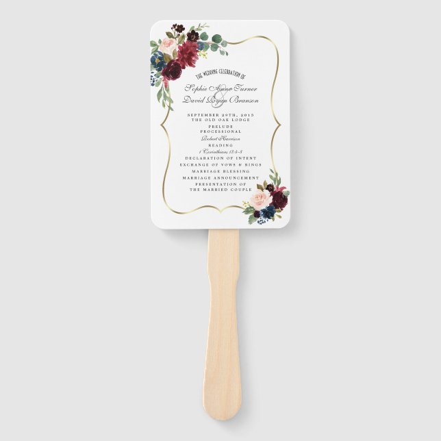 Éventail Glam Merlot Marine Blue Floral Wedding Programme (Devant)
