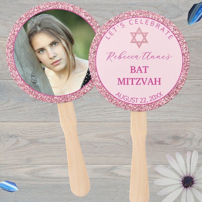 Éventail Glam Pink Fille tendance Bat mitzvah de photo (These personalized photo hand fans make unique Bat Mitzvah party favors)