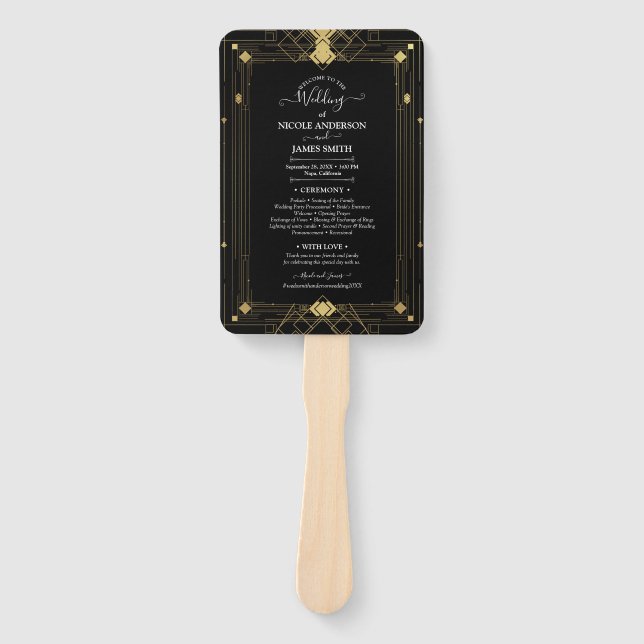 Éventail Gold Black Deco Glam Roaring 20's Wedding Program (Devant)