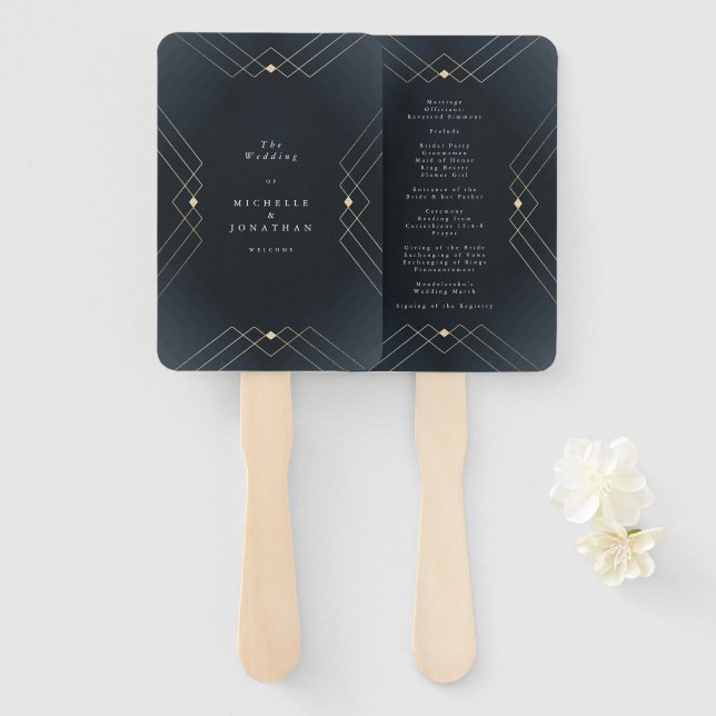 Éventail Gold Dark Navy Elegance Diamond Geo Deco Mariage (Devant et derrière)