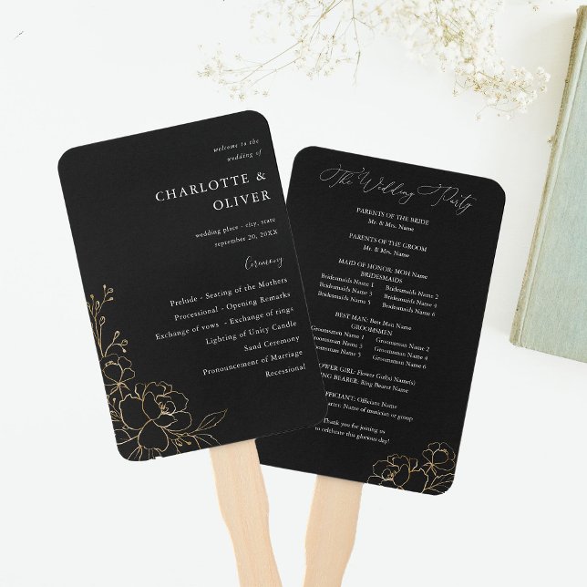 Éventail Gold Lined Floral Wedding Programme - Noir (Créateur téléchargé)