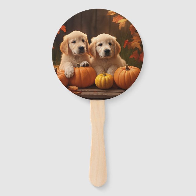 Éventail Golden Retriever Puppy Automne Citrouille de plais (Devant)