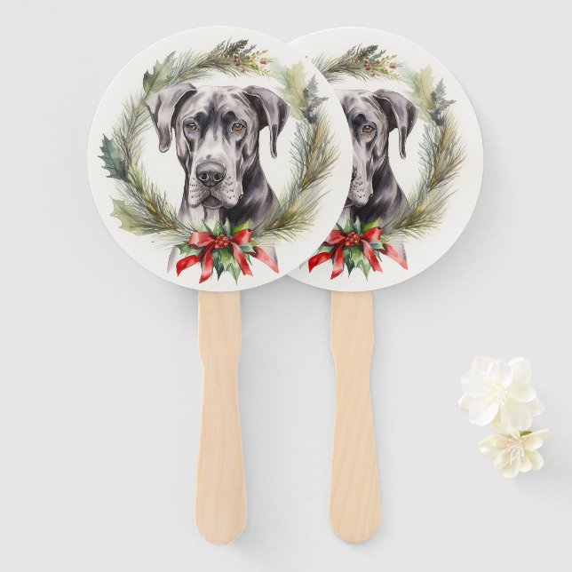 Éventail Grand Dane Noël Wreath Festive Pup (Devant et derrière)
