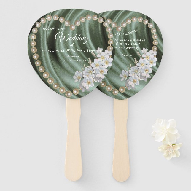 Éventail Green, Ivory, Blue,gold Silk & Pearls (Devant et derrière)