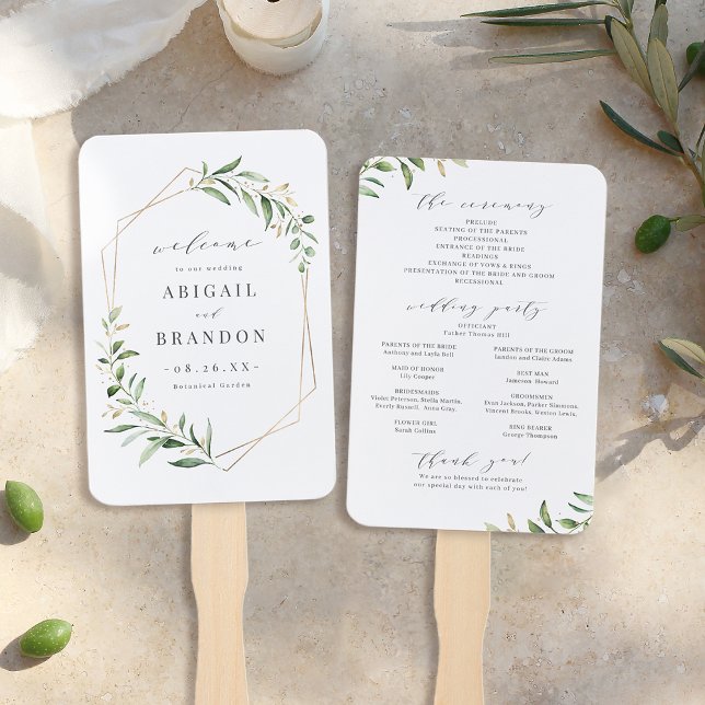 Éventail Greenery Gold Geometric (Greenery Gold Geometric Rustic Wedding Program Hand Fan)