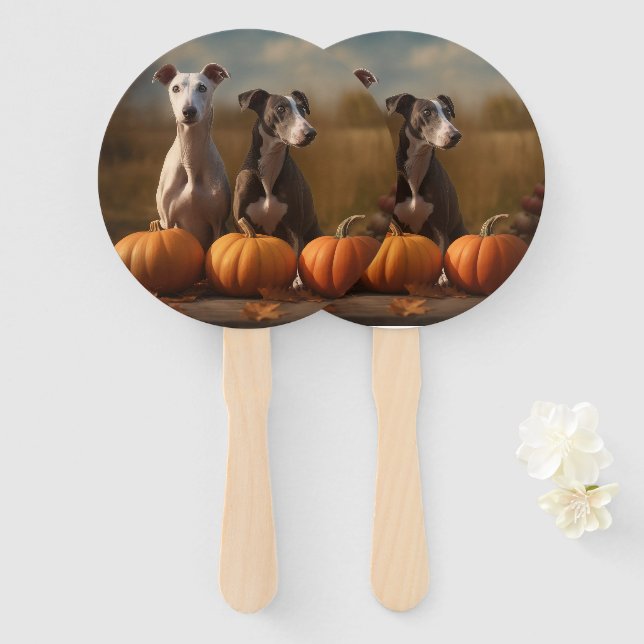Éventail Greyhound Chiot Automne Citrouille de plaisir (Devant et derrière)
