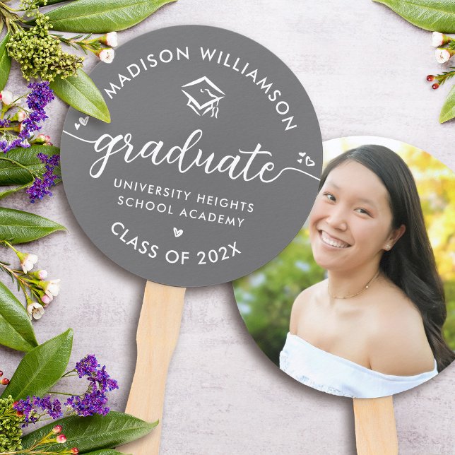 Éventail Gris 1 Photo Graduation Moderne Script Hearts Casq (Créateur téléchargé)