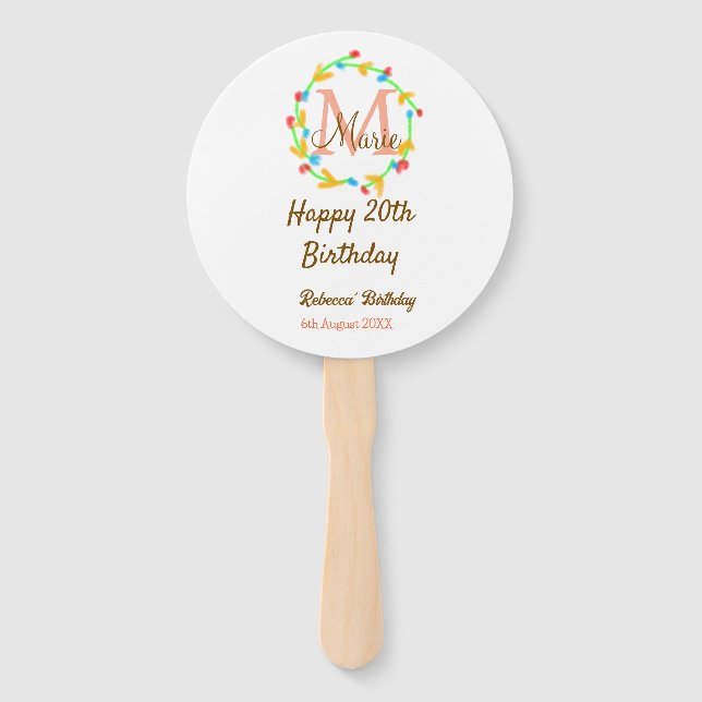 Éventail Happy 20th Birthday red add name monogram wreath (Devant)