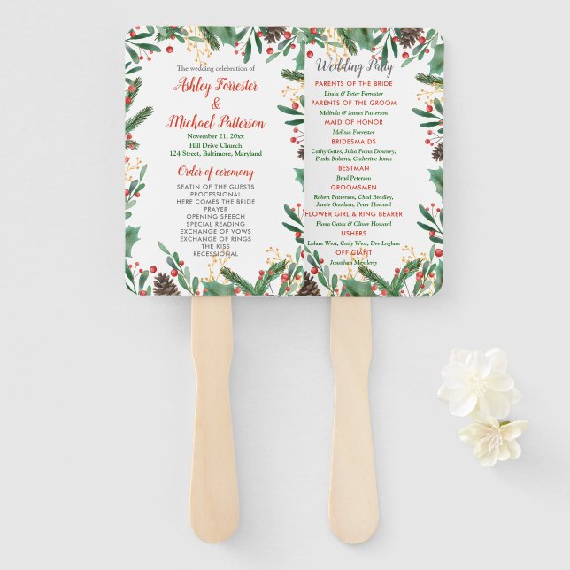 Éventail Holly Feuilles Berry Noël | Programme de mariage (Devant et derrière)
