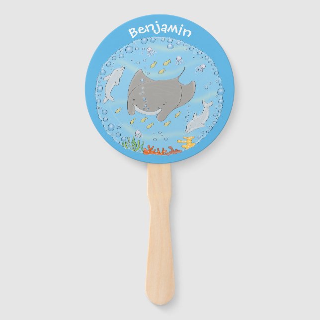 Éventail Illustration d'une mignonne raie manta et de bulle (Devant)