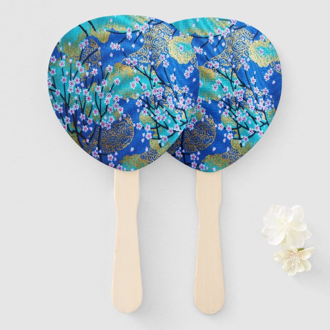 Éventail Japonais Floral Cerisier Bleu Or (Devant et derrière)