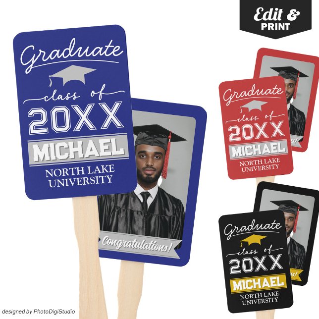 Éventail Jardin de graduation modifiable Nom et nom de l'éc (Editable Graduation Hand Fan with Name & School, Custom Blue Silver Hand Fan for Graduation Ceremony)