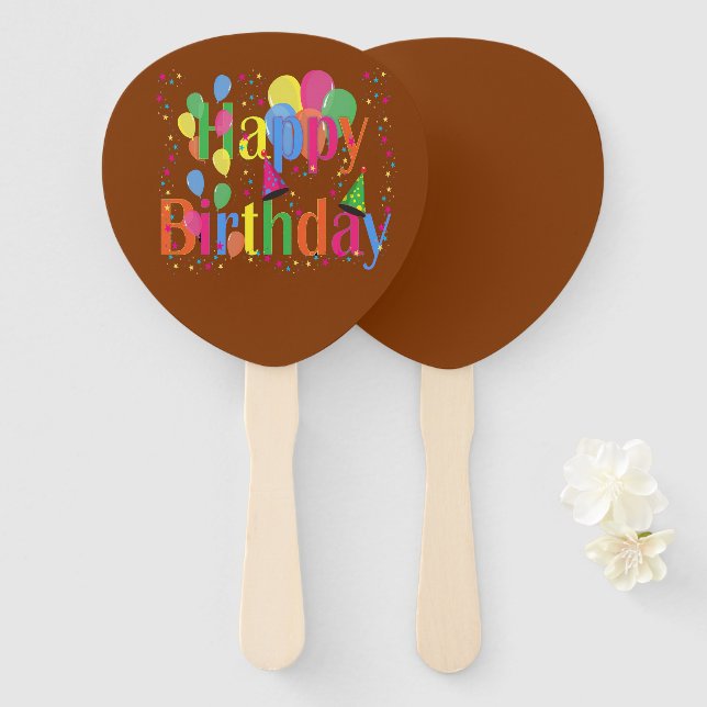 Éventail Joyeux anniversaire avec ballons sur brun (Devant et derrière)