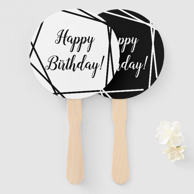 Éventail Joyeux anniversaire funky géométrique noir et blan (Devant et derrière)
