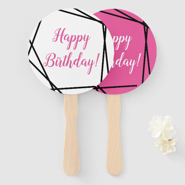 Éventail Joyeux Anniversaire Funky Géométrique Rose Ventila (Devant et derrière)
